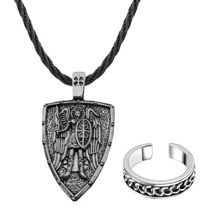 GUNGNEER Stainless Steel The Archangel St Michael Necklace Biker Ring Protection Jewelry Set