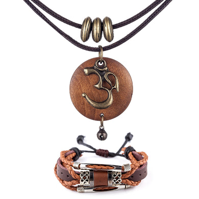 GUNGNEER Om Pendant Necklace Hindu Choker Genuine Leather Bracelet Jewelry Combo For Men Women
