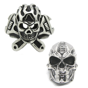 GUNGNEER 2 Pcs Fashion Punk Style Big Skull Wrench Biker Ring Stainless Steel Jewelry Set Men