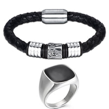 Load image into Gallery viewer, GUNGNEER Black Masonic Magnetic Bracelet Stainless Steel Square Ring For Men Jewelry Set