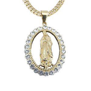 GUNGNEER Stainless Steel Mother of God Virgin Mary Crystal Pendant Necklace Chain Women Men