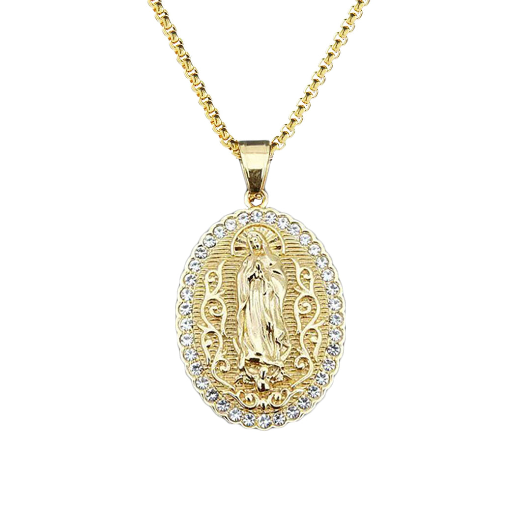 GUNGNEER Stainless Steel Iced Out Round Virgin Mary Pendant Necklace Christian Jewelry Women