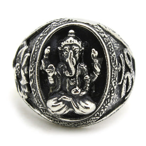 GUNGNEER Lord Ganesha Lotus Om Ring Stainless Steel Hindu Jewelry Accessory For Men