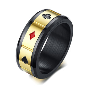 GUNGNEER Stainless Steel SpinnerLucky Playing Card Poker Ring Men Biker Jewelry Accessories