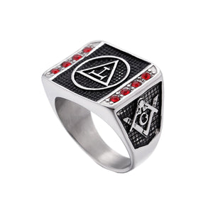 GUNGNEER Silvertone Square Masonic Ring Stainless Steel Skull Ring For Men Jewelry Set