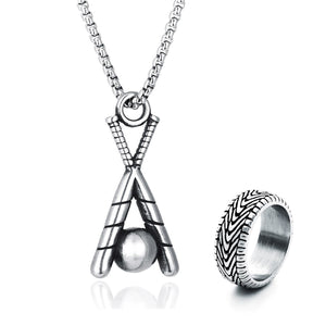 GUNGNEER Baseball Bat Ball Necklace Stainless Steel Charm Chain with Ring Jewelry Set