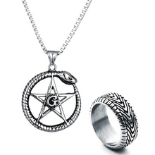 Load image into Gallery viewer, GUNGNEER Pearl Chain Masonic Necklace Stainless Steel Biker Ring For Men Jewelry Set