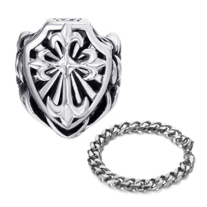 GUNGNEER Stainless Steel Silver Knights Templar Cross Ring with Curb Chain Bracelet Jewelry Set