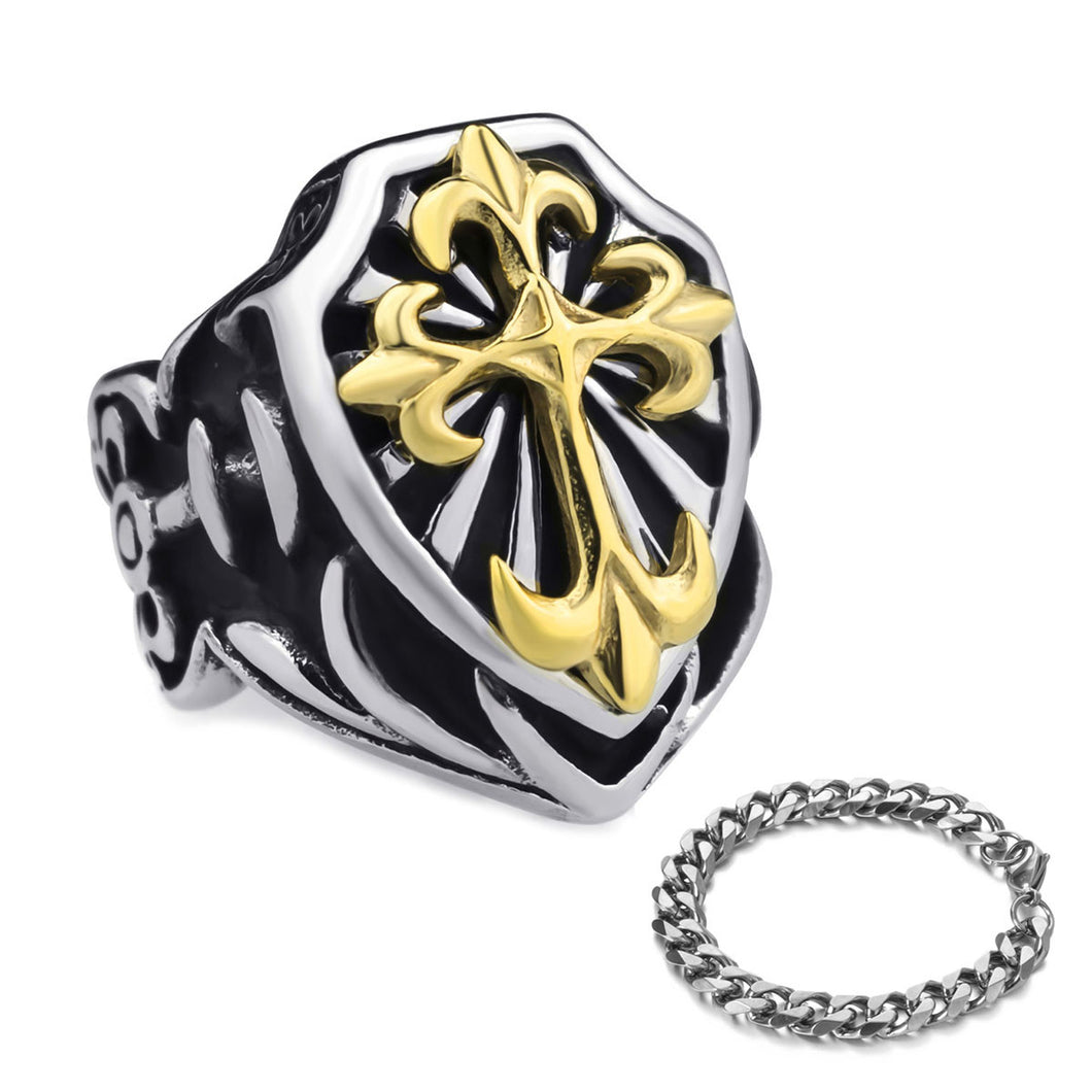 GUNGNEER Stainless Steel Gold Knights Templar Cross Ring with Curb Chain Bracelet Jewelry Set