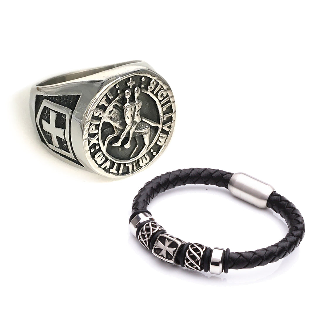 GUNGNEER Stainless Steel Silvertone Seal of Knights Templar Bracelet with Ring Jewelry Set