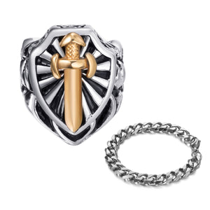 GUNGNEER Stainless Steel Knight Templar Golden Sword Ring with Bracelet Jewelry Set
