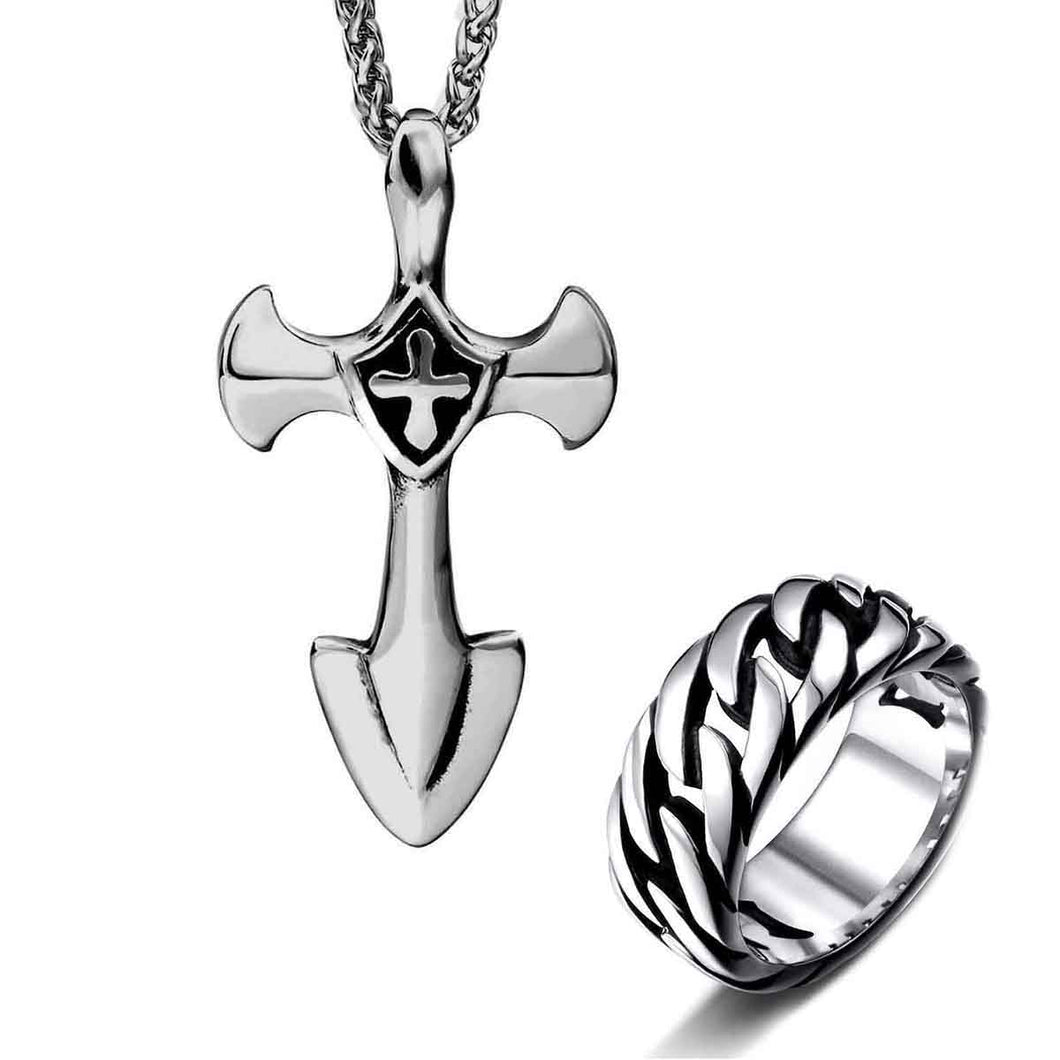 GUNGNEER Stainless Steel Knights Templar Cross Pendant Necklace with Ring Jewelry Set