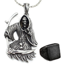 Load image into Gallery viewer, GUNGNEER Skull Skeleton Grim Reaper Stainless Steel Pendant Necklace Punk Ring Jewelry Set