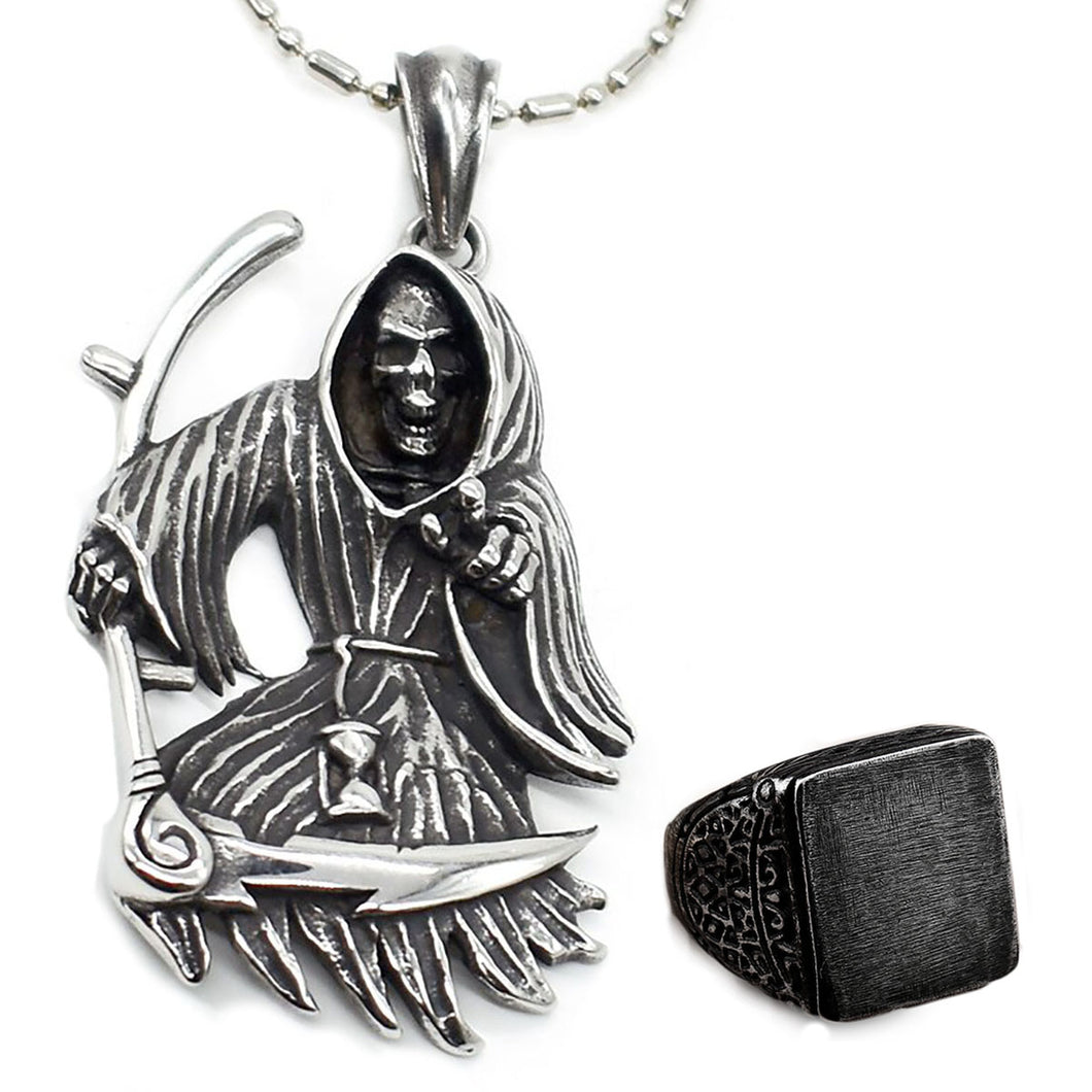 GUNGNEER Skull Skeleton Grim Reaper Stainless Steel Pendant Necklace Punk Ring Jewelry Set