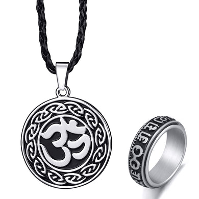 GUNGNEER Om Hindu Pendant Necklace Buddhism Omh Ring Jewelry Combo For Men Women