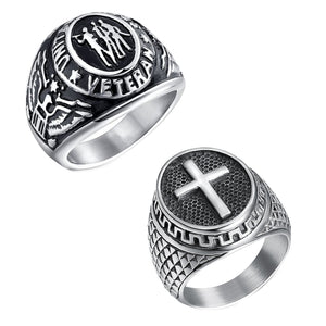 GUNGNEER Military Veteran Ring Stainless Steel Christian Cross Ring For Men Jewelry Set