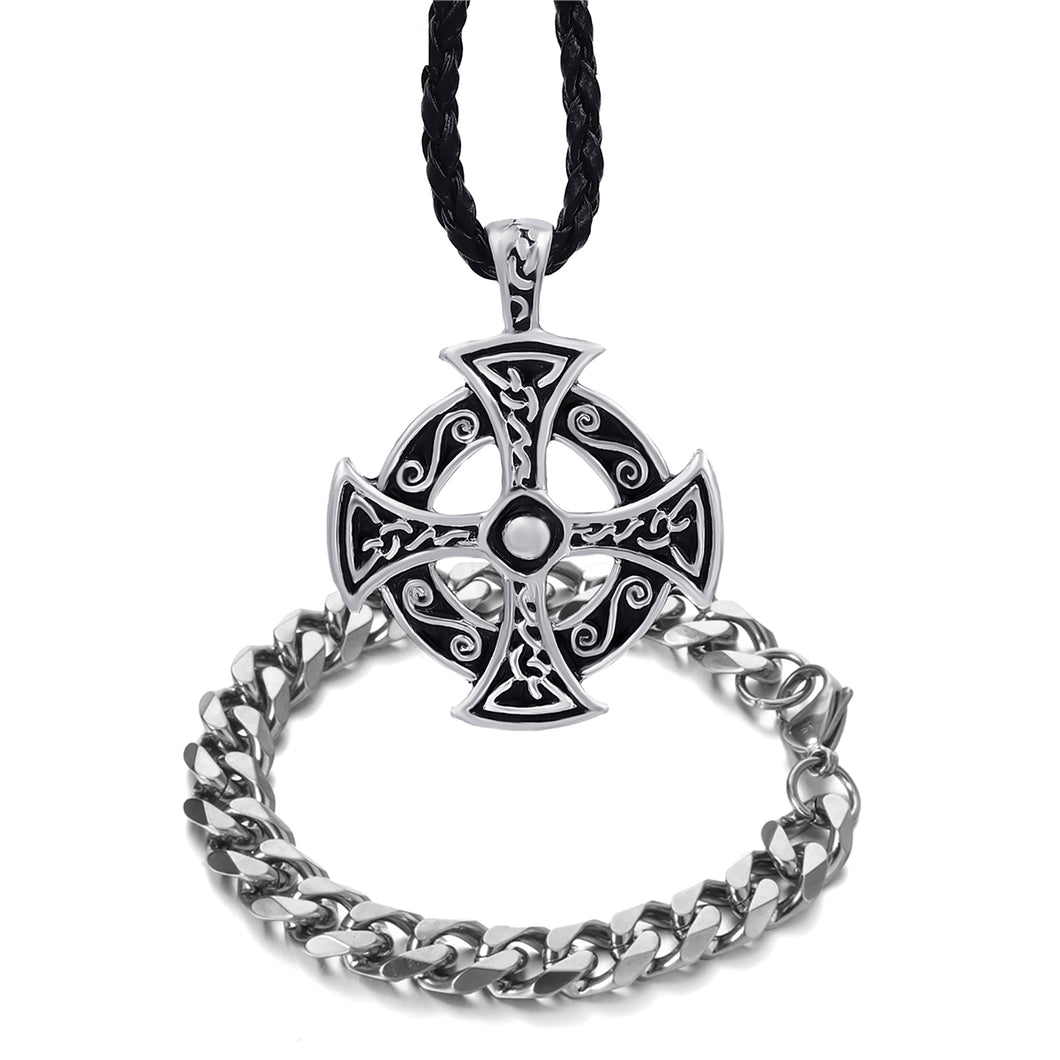 GUNGNEER Celtic Cross Trinity Pendant Necklace with Curb Chain Bracelet Jewelry Set Men Women