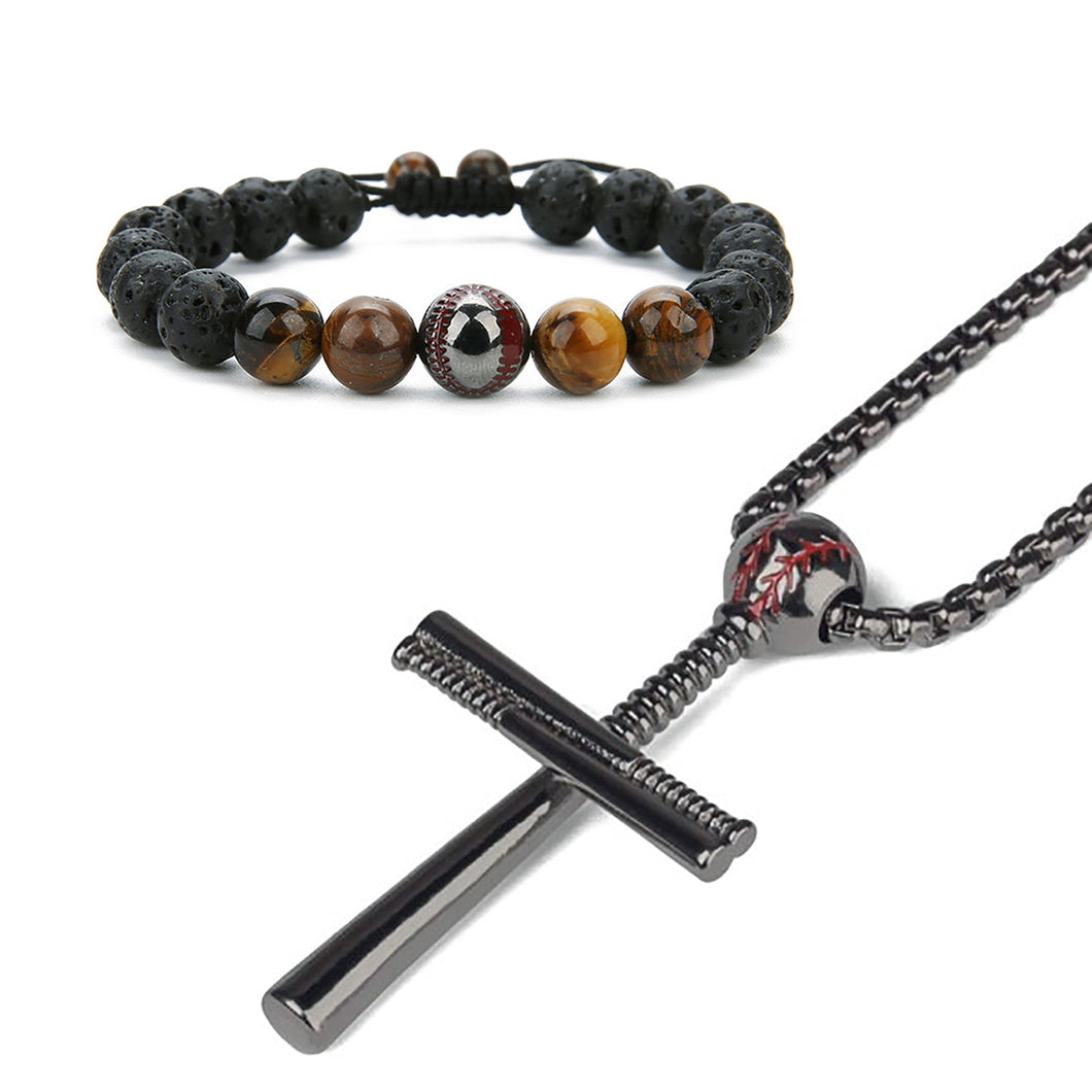 GUNGNEER Black Baseball Sports Charm Pendant Necklace with Bracelet Jewelry Accessory Gift Set
