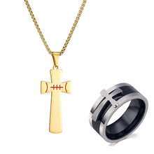 Load image into Gallery viewer, GUNGNEER Baseball Cross Necklace with Ring Stainless Steel Sports Jewelry Gift Set