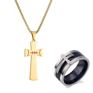 GUNGNEER Baseball Cross Necklace with Ring Stainless Steel Sports Jewelry Gift Set