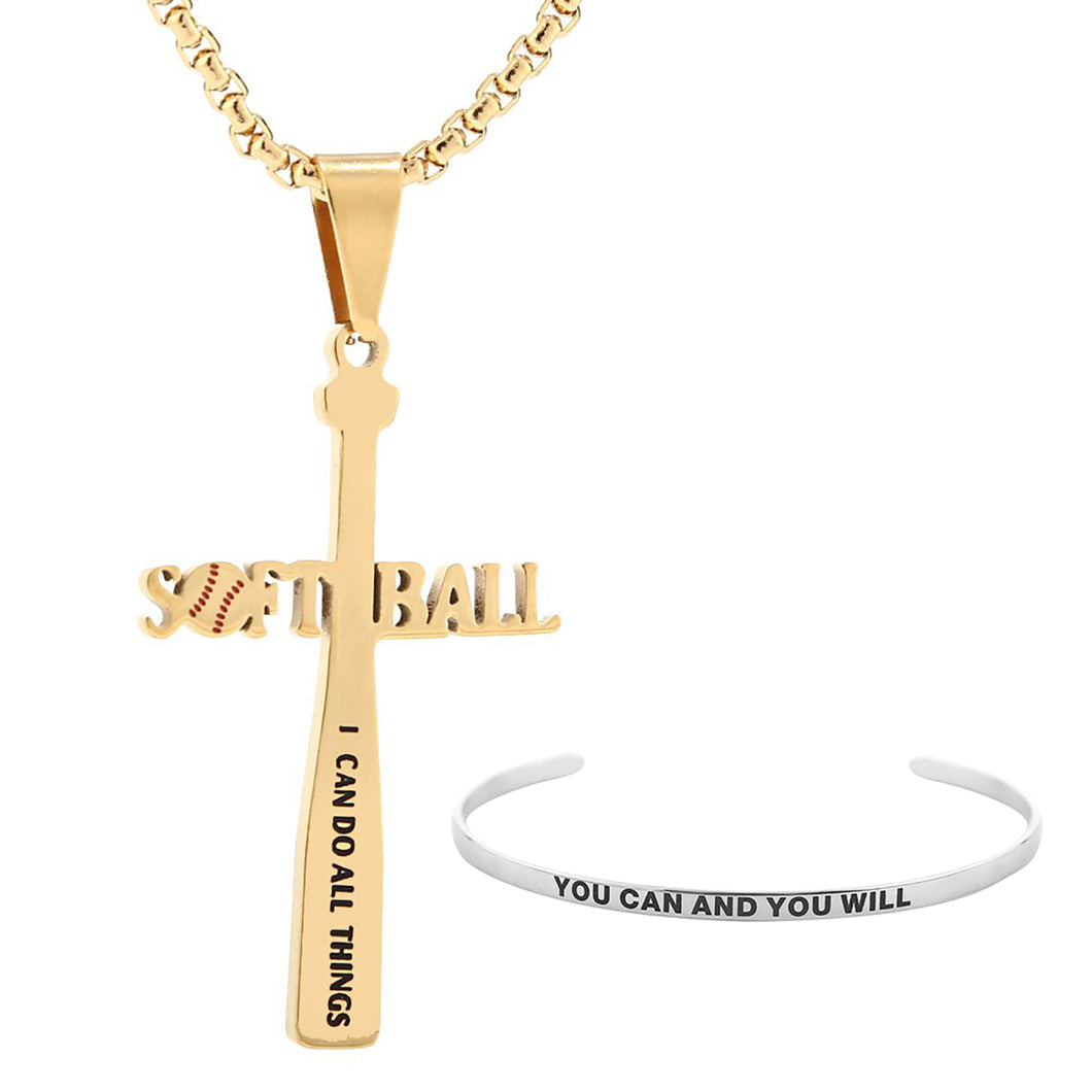 GUNGNEER Baseball Bat Cross Necklace with Bracelet Stainless Steel Jewelry Accessory Set