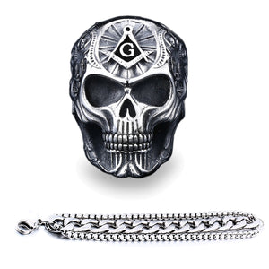 GUNGNEER Skull Masonic Ring For Men Stainless Steel Punk Rock Bracelet Jewelry Set