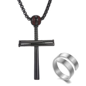 GUNGNEER Baseball Cross Necklace Stainless Steel Chain with Ring Jewelry Accessory Set