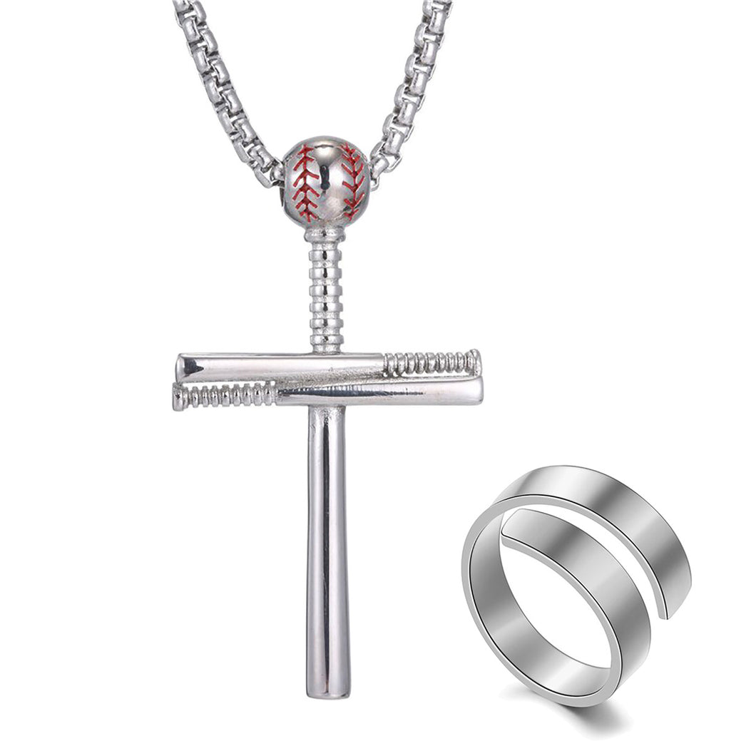 GUNGNEER Baseball Cross Necklace Stainless Steel Chain with Ring Jewelry Accessory Set