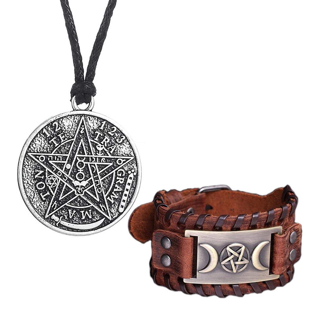 GUNGNEER Wicca Pentagram Moon Bracelet Leather Amulet Bangle Pendant Necklace Jewelry Set