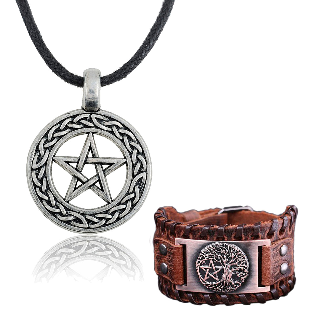 GUNGNEER Wicca Pentagram Pentacle Tree of Life Bracelet Amulet Pendant Necklace Jewelry Set