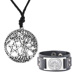GUNGNEER Wicca Pentagram Tree of Life Necklace Leather Bracelet Jewelry Set Men Women