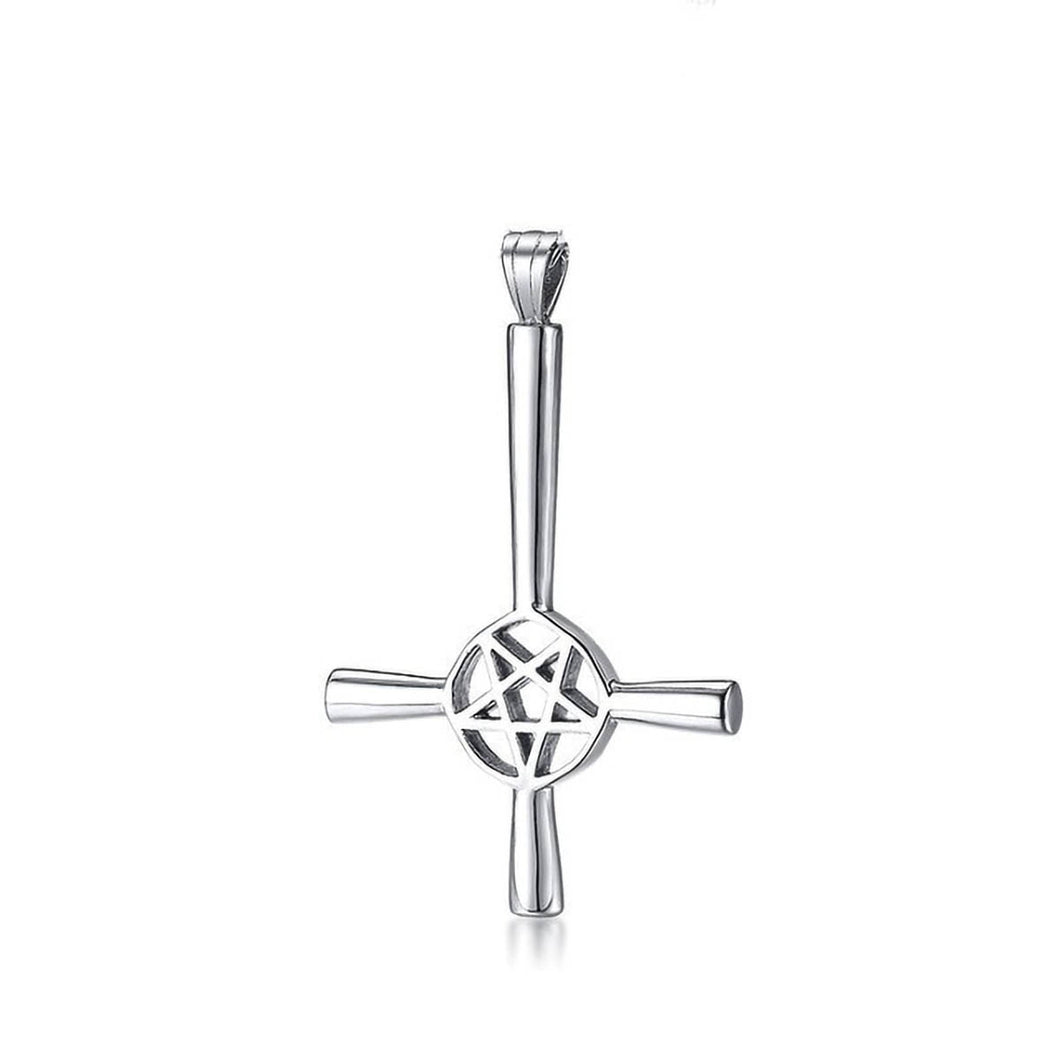GUNGNEER Stainless Steel Inverted Cross Pentagram Necklace Upside Down Cross Necklace For Men