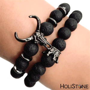 HoliStone Punky Style Lava Stone Beaded Bracelet with Bull Head for Women and Men