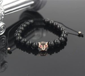 HoliStone Adjustable 8mm Black Onyx Stone Leopard Head Lucky Charm Bracelet for Women and Men
