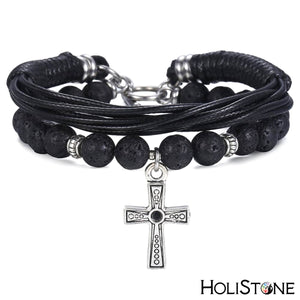 HoliStone Unique Lava Stone with Leather Multi Strand Bracelet Cross Lucky Charm for Men
