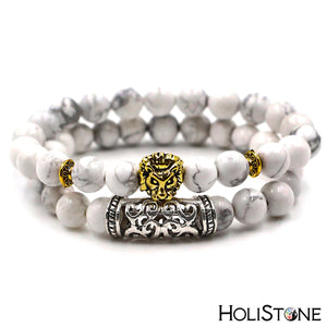 HoliStone 2pcs/Set Lava Onyx Tiger Eye Natural Stone Bracelet with Leo The Lion ? Anxiety Stress Relief Yoga Meditation Energy Balancing Lucky Charm Bracelet for Women and Men