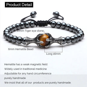 HoliStone Adjustable 6mm Natural Hematite Bead with Eagle Claw Holding Tiger Eye Stone Bracelet ? Lucky Charm Bracelet of Protection and Determination