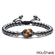 Load image into Gallery viewer, HoliStone Adjustable 6mm Natural Hematite Bead with Eagle Claw Holding Tiger Eye Stone Bracelet ? Lucky Charm Bracelet of Protection and Determination