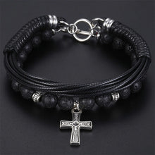Load image into Gallery viewer, HoliStone Unique Lava Stone with Leather Multi Strand Bracelet Cross Lucky Charm for Men
