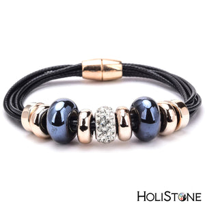 HoliStone Trendy Beaded Leather Bracelet with Magnetic Clasp Lucky Charm for Women and Men