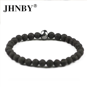 HoliStone 6mm Natural Black Lava Stone with Punky Style Skull Bracelet for Men and Women
