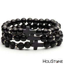 Load image into Gallery viewer, HoliStone Black Natural Stone Bracelet with Cross Lucky Charm ? Anxiety Stress Relief Yoga Meditation Energy Balancing Lucky Charm Bracelet for Women and Men