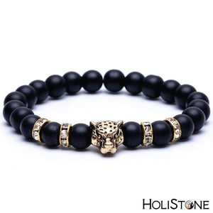 HoliStone 8mm Natural Lava Stone with Leopard/Panther Head Lucky Charm Bracelet for Women and Men