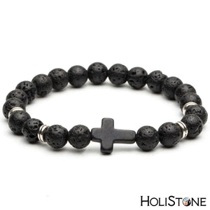 HoliStone Black Natural Stone Bracelet with Cross Lucky Charm ? Anxiety Stress Relief Yoga Meditation Energy Balancing Lucky Charm Bracelet for Women and Men