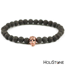 Load image into Gallery viewer, HoliStone 6mm Natural Black Lava Stone with Punky Style Skull Bracelet for Men and Women