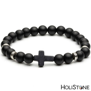 HoliStone Black Natural Stone Bracelet with Cross Lucky Charm ? Anxiety Stress Relief Yoga Meditation Energy Balancing Lucky Charm Bracelet for Women and Men