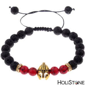 HoliStone Natural Black and Red Bead Bracelet with Warrior Gladiator Helmet Charm