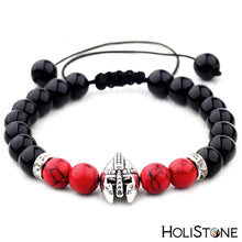 Load image into Gallery viewer, HoliStone Natural Black and Red Bead Bracelet with Warrior Gladiator Helmet Charm