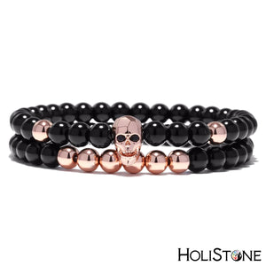 HoliStone Punky Style Skull Charm with Black Onyx Stone Bead Bracelet