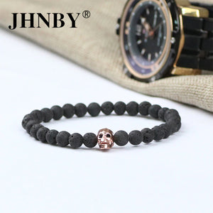 HoliStone 6mm Natural Black Lava Stone with Punky Style Skull Bracelet for Men and Women